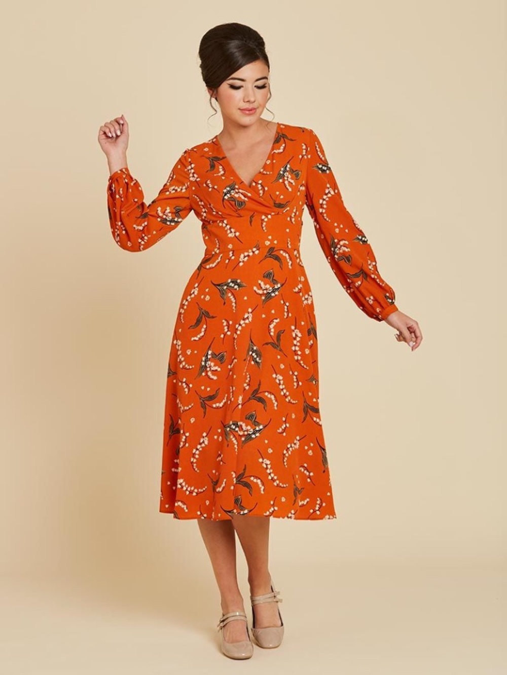 Joanie Orange Floral Vintage Style Midi Tea Dress UK 8 US 4